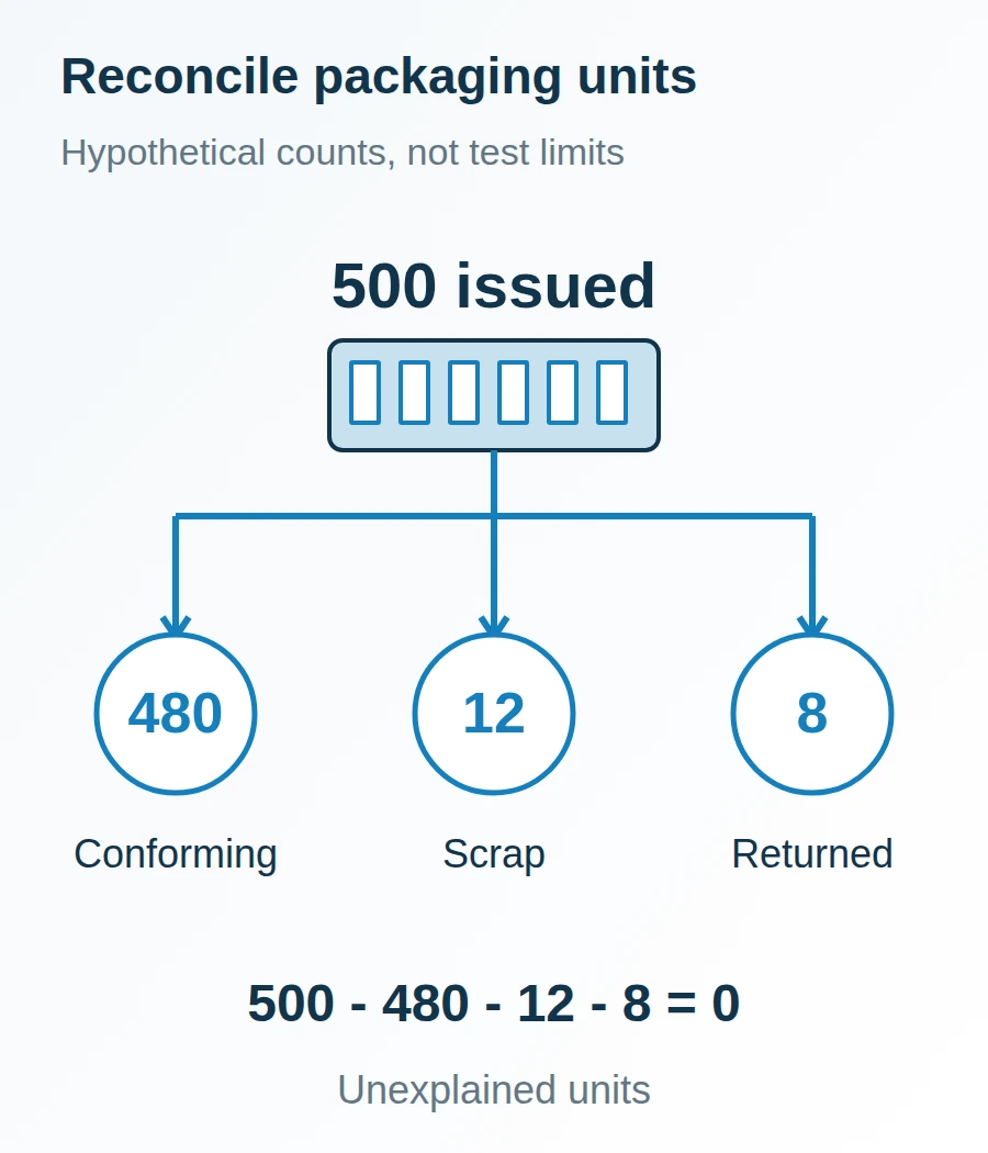 A hypothetical allocation divides 500 issued packaging units into 480 conforming units, 12 scrap units and 8 unused returned units.
