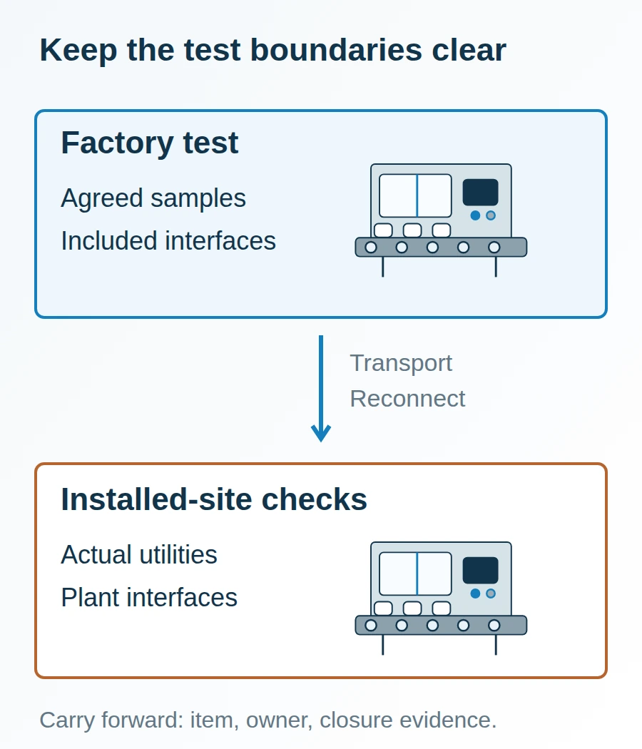 A factory test boundary is separated from installed-site verification by transport, reconnection and a list of carried-forward checks.