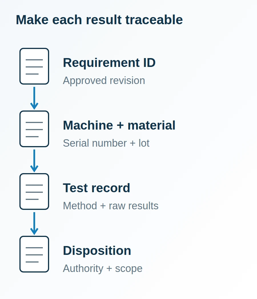A requirement identifier connects the tested machine revision and material lots to a result sheet and disposition.
