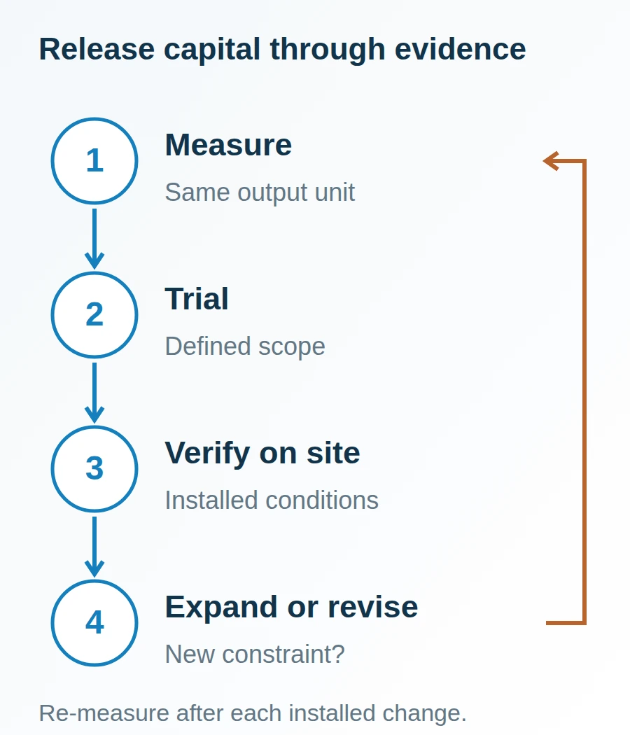 Four release gates link baseline observations, a bounded trial, installed verification and an expansion decision, with a feedback path to measurement.