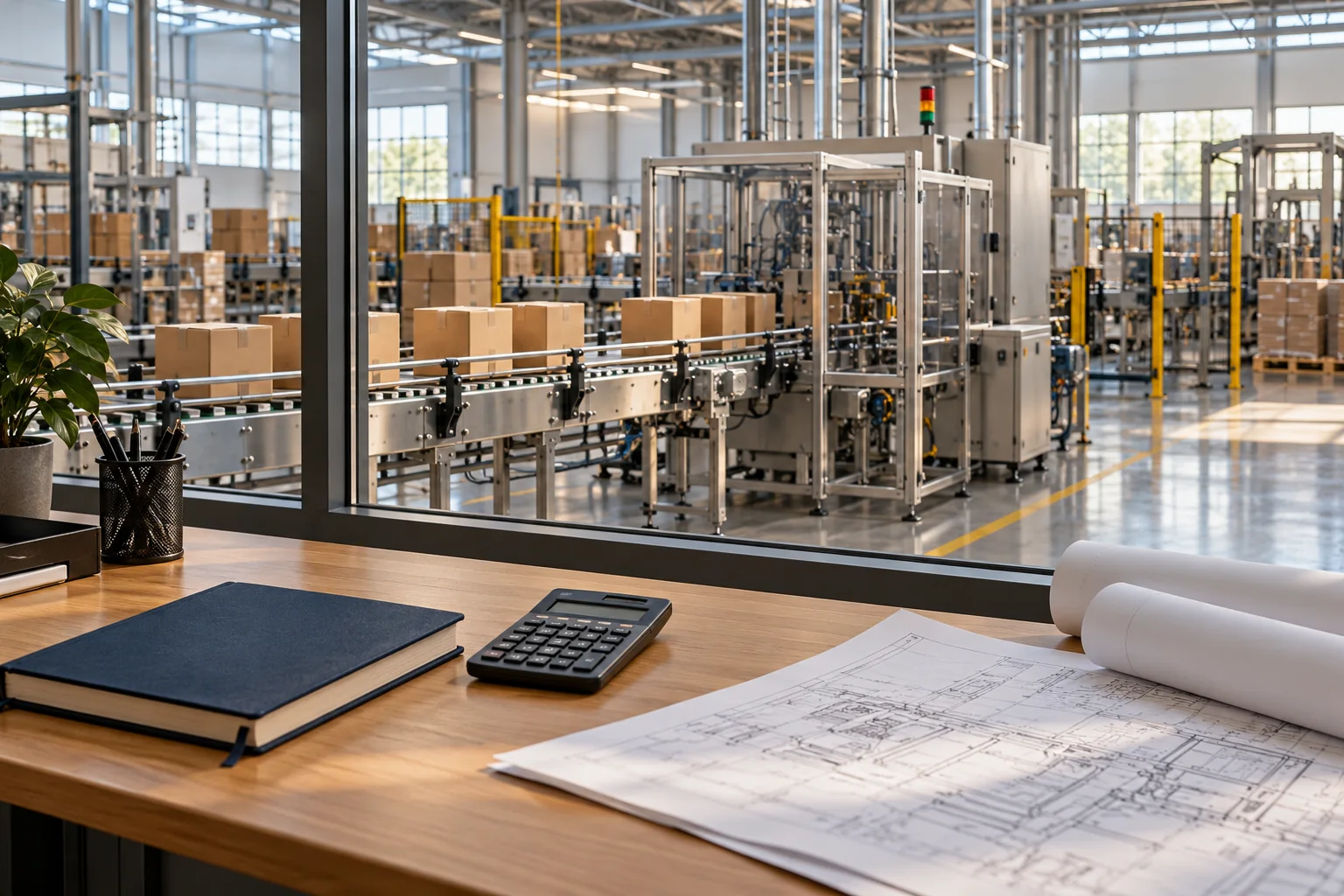 Calculator, notebook and floor drawings on a planning desk overlooking a packaging conveyor