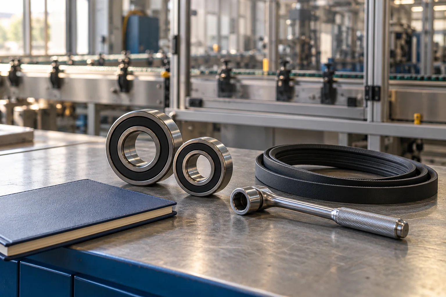 Sealed bearings, a drive belt, socket tool and closed service notebook on a maintenance bench