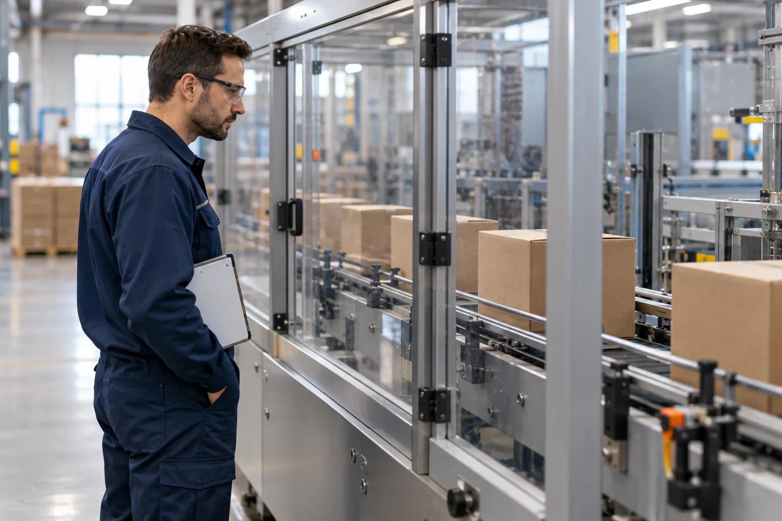 Operator in safety glasses observing cartons through a transparent conveyor guard