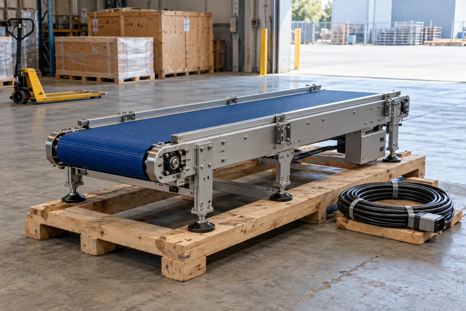 Disconnected conveyor module on wooden skids in a factory dispatch bay