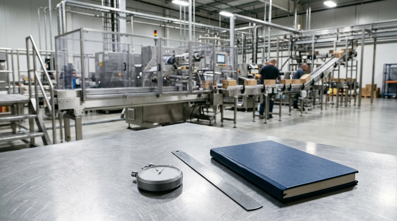 Stopwatch, steel ruler, and notebook on a worktable overlooking an automated packaging conveyor line.