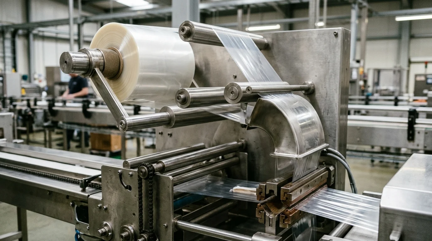 Flexible packaging film feeding through stainless-steel unwind rollers, forming shoulder, and rotary heat-sealing jaws on a horizontal wrapper.