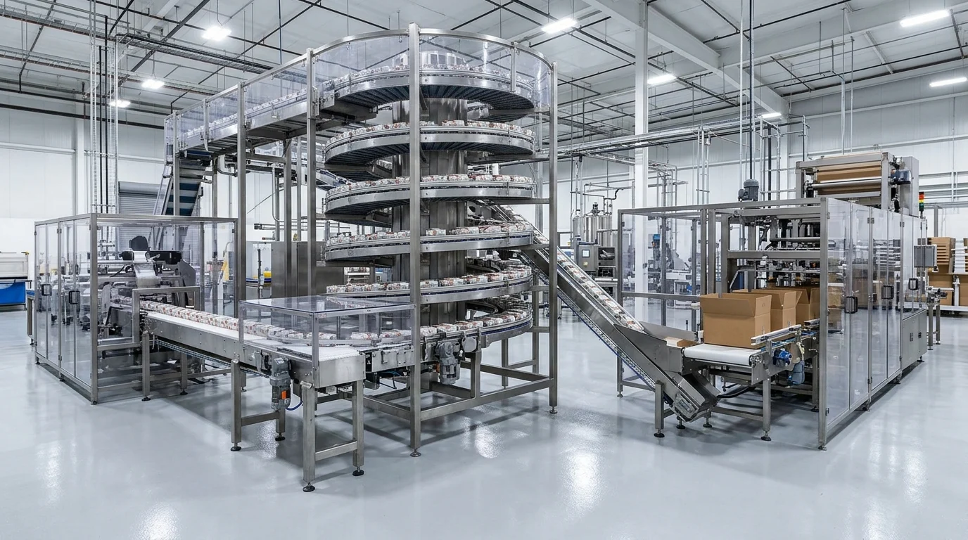 Multi-tier spiral accumulation buffer conveyor positioned between an upstream primary wrapper and a downstream case packer in a manufacturing plant.