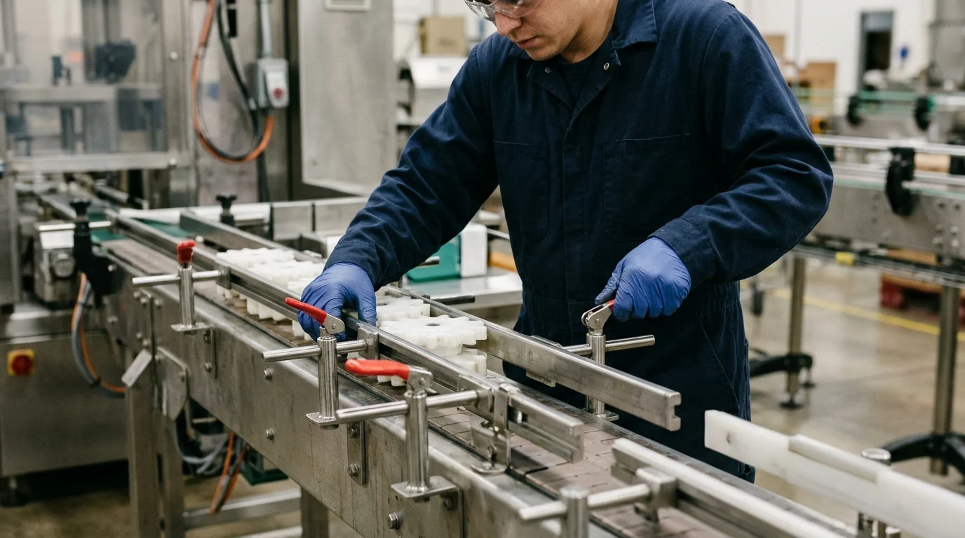 Plant technician in safety glasses and nitrile gloves adjusting quick-release conveyor guide rails and starwheel format change parts.