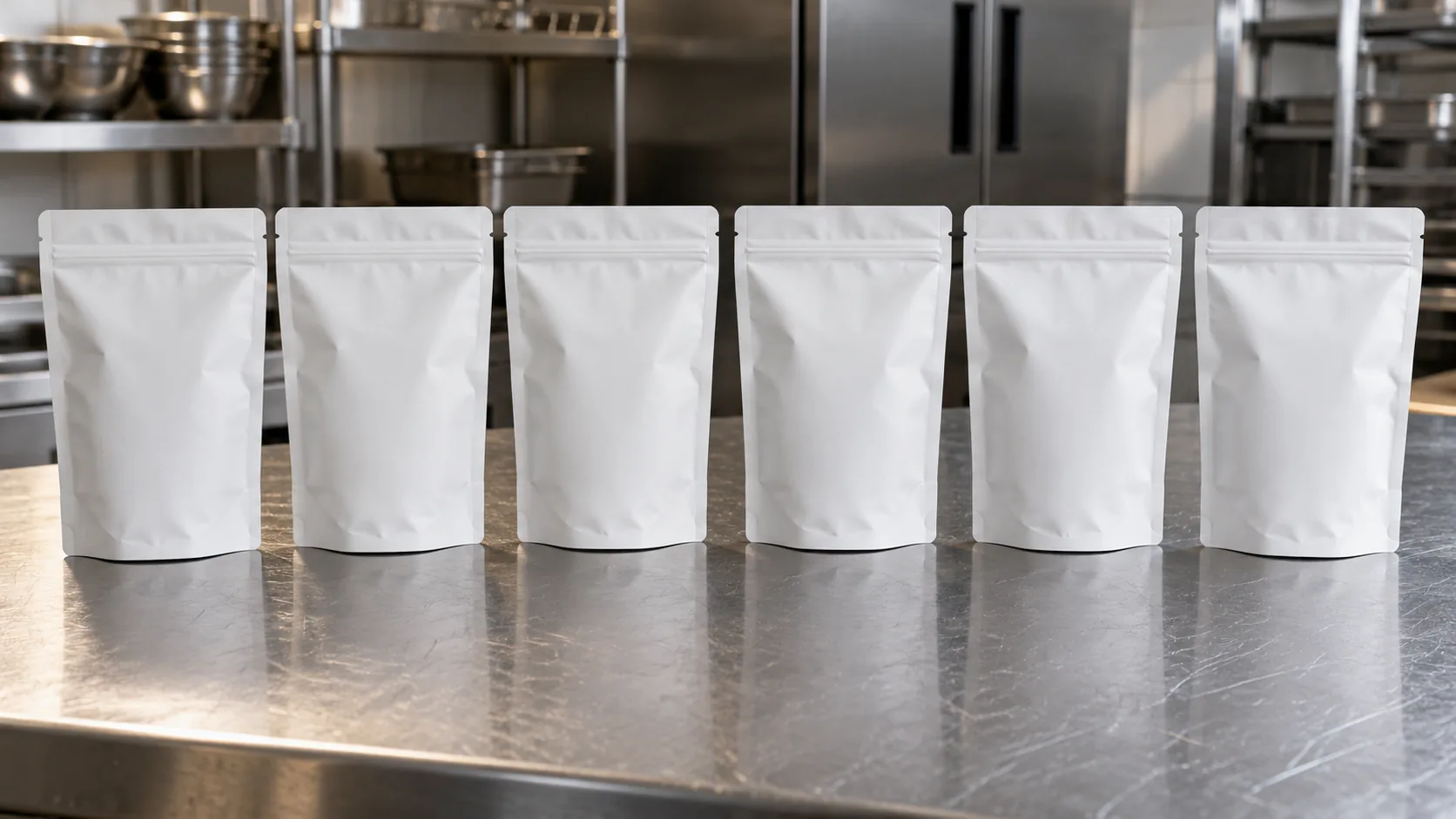 Six unmarked white stand-up pouches on a stainless table, with no print and no logos