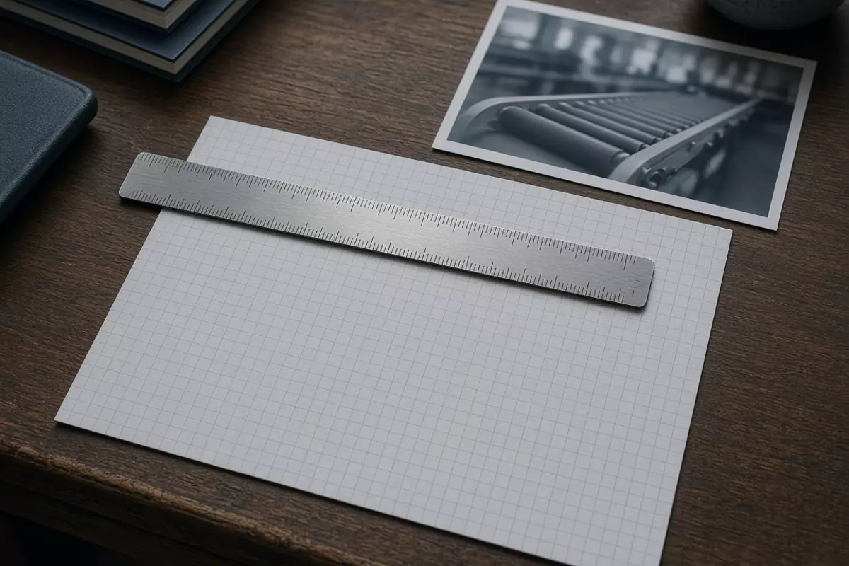 Blank grid paper and a ruler on a wooden desk, with an out-of-focus conveyor photograph.