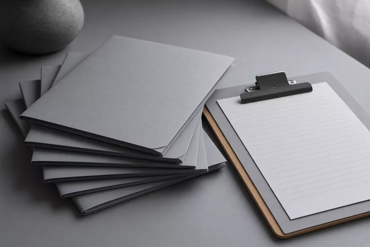 Plain folders and a clipboard on a gray desk.